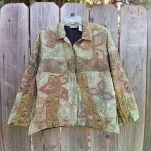 Chico's Design Jacket Women 2(L-12) Green Tan Embroidered Applique Artsy Silk
